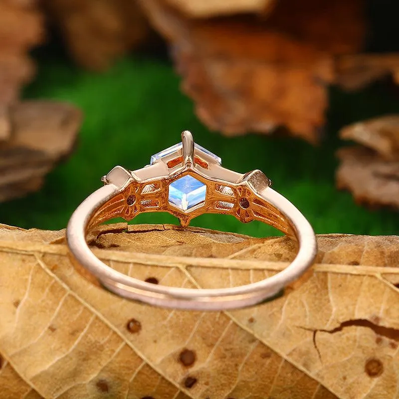 0.8 CT Hexagon Cut Split Shank Moonstone Ring in Sliver Promise Anniversary Women Gift