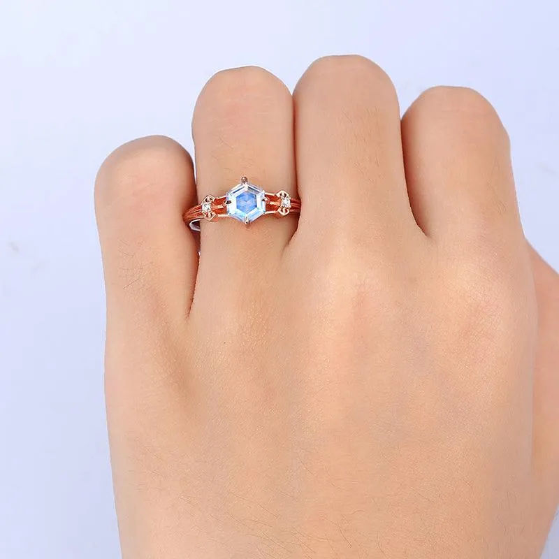 0.8 CT Hexagon Cut Split Shank Moonstone Ring in Sliver Promise Anniversary Women Gift