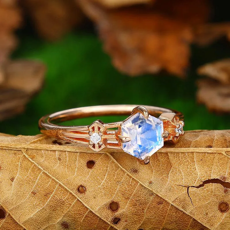 0.8 CT Hexagon Cut Split Shank Moonstone Ring in Sliver Promise Anniversary Women Gift