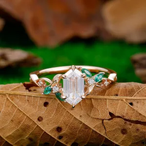 1.1CT Long Hexagon Cut Moissanite 14k Solid Gold Art Deco Leaf Twist Engagement Ring