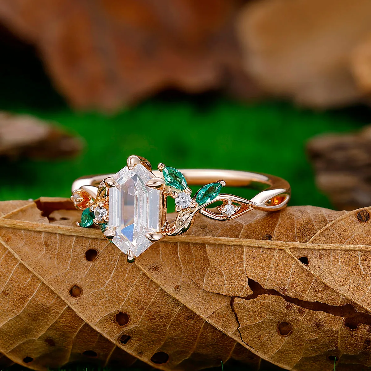 1.1CT Long Hexagon Cut Moissanite 14k Solid Gold Art Deco Leaf Twist Engagement Ring