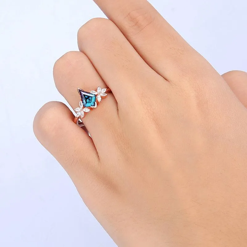 1.35 CT  Kite Cut Cluster Alexandrite Rose Gold Marquise Floral Engagement Ring