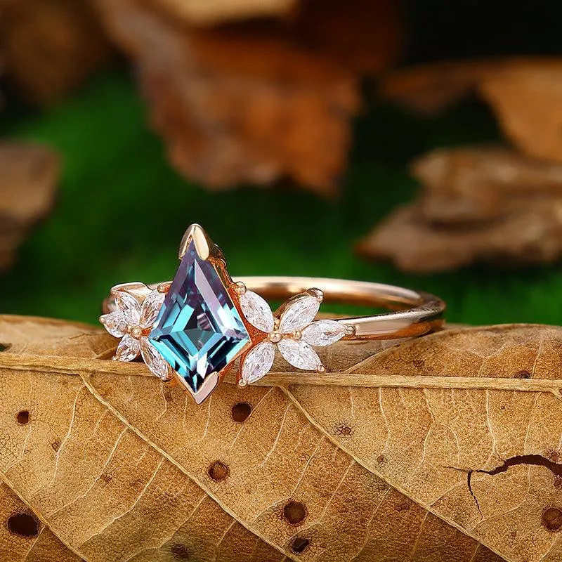1.35 CT  Kite Cut Cluster Alexandrite Rose Gold Marquise Floral Engagement Ring