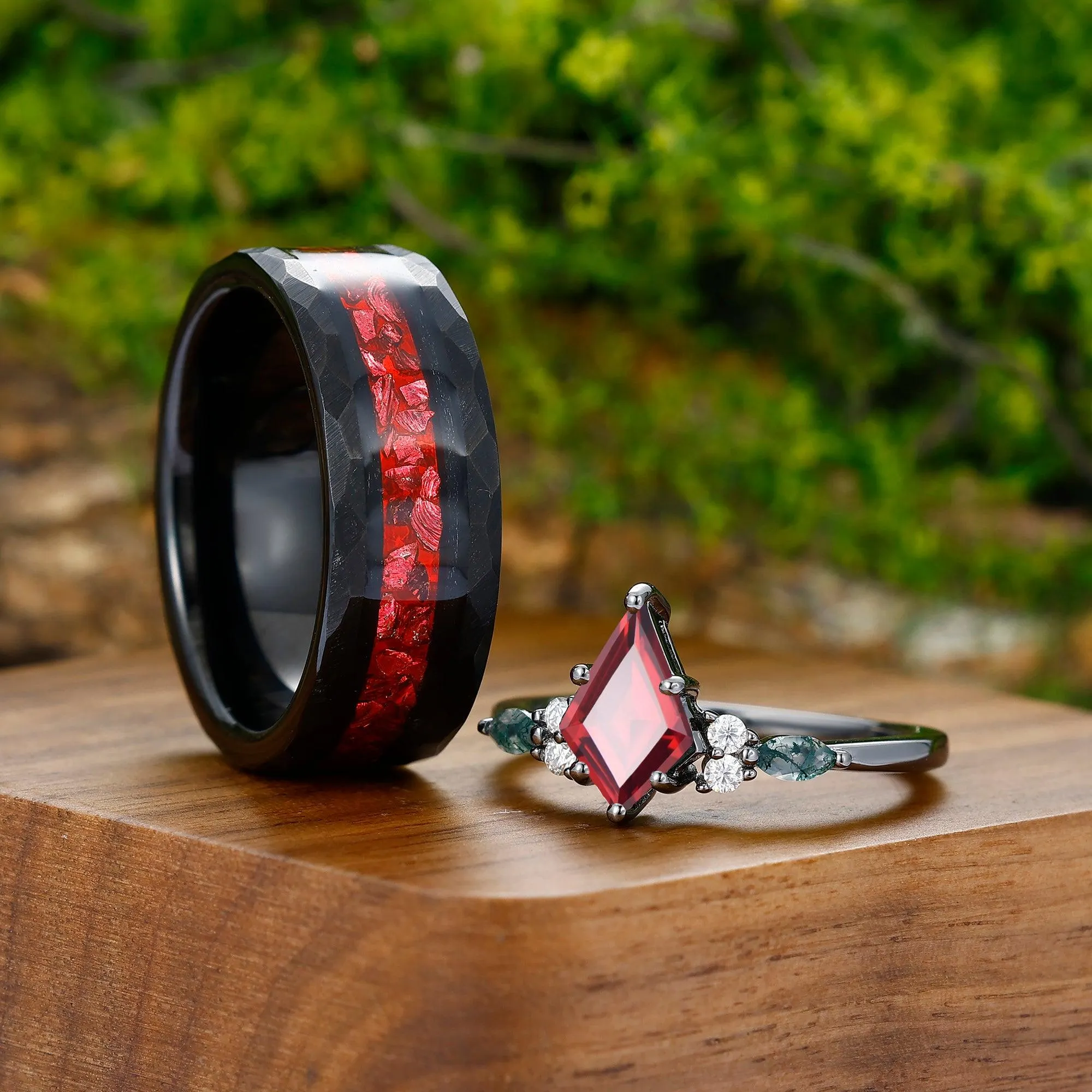 1.35CT Kite Cut Natural Red Garnet Engagement Couples Ring Set 925 Sterling Silver And Tungsten Matching Ring