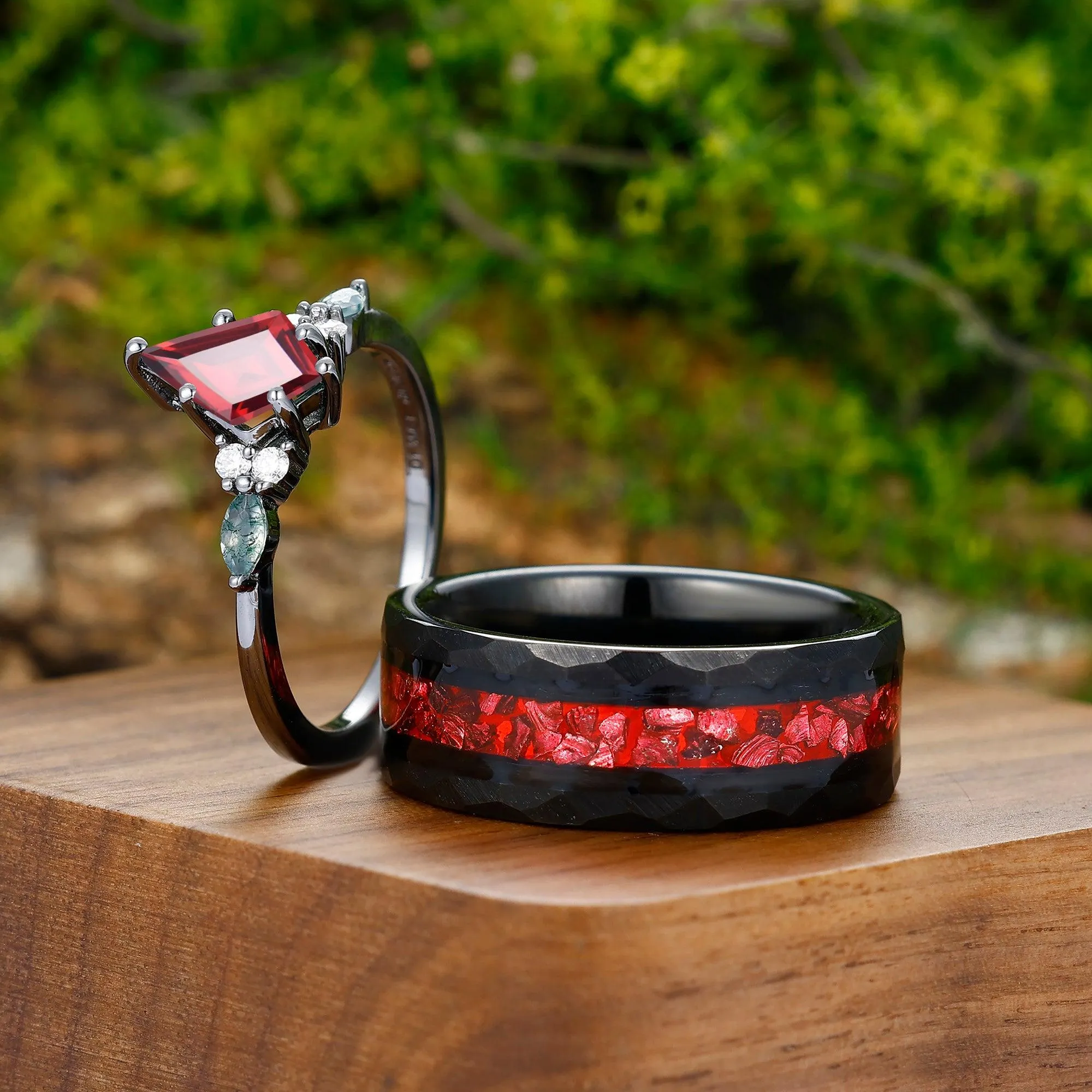1.35CT Kite Cut Natural Red Garnet Engagement Couples Ring Set 925 Sterling Silver And Tungsten Matching Ring