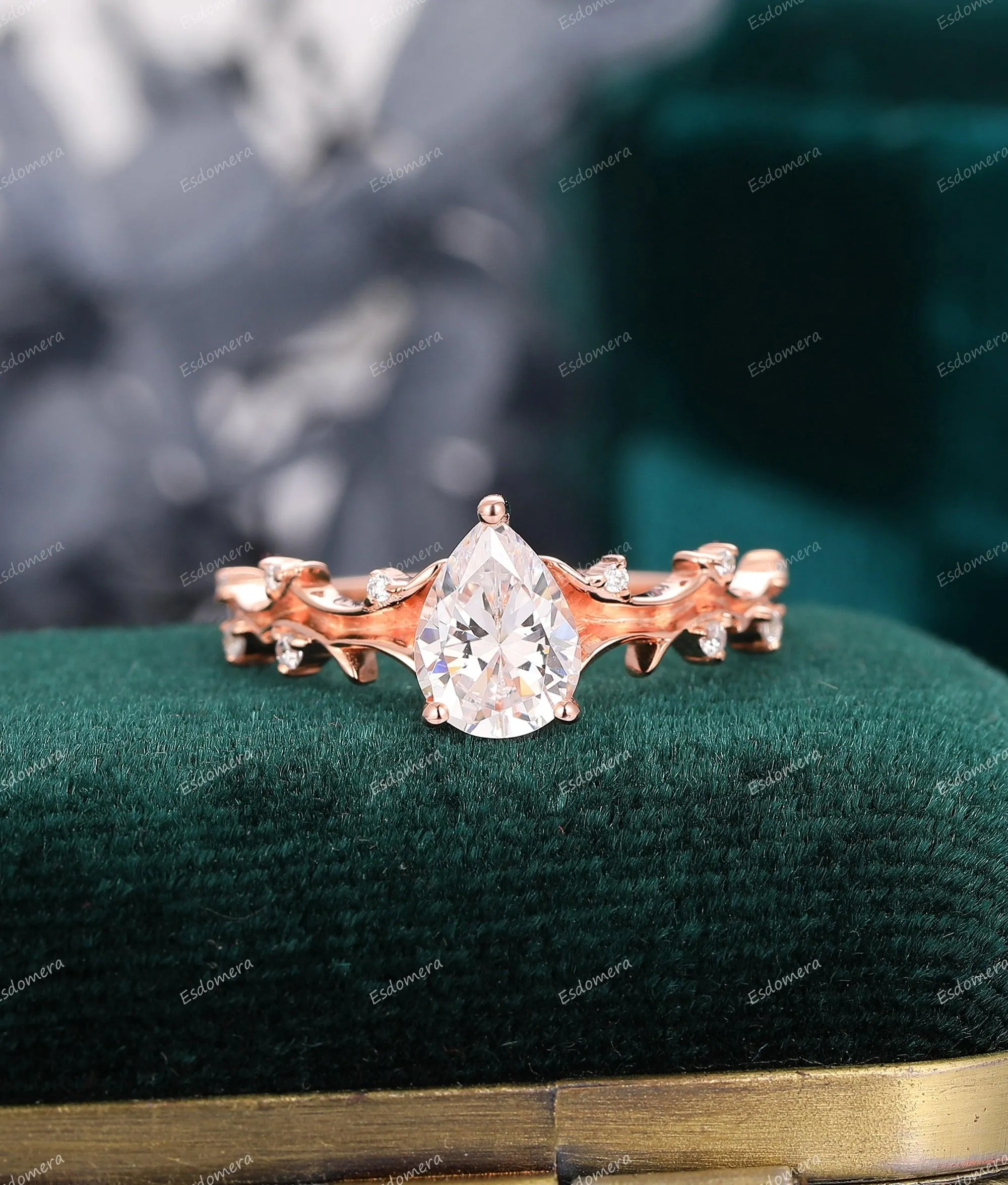 1.3CT Pear Shaped Moissanite Wedding Ring Branch Engagement Ring Art Deco Ring