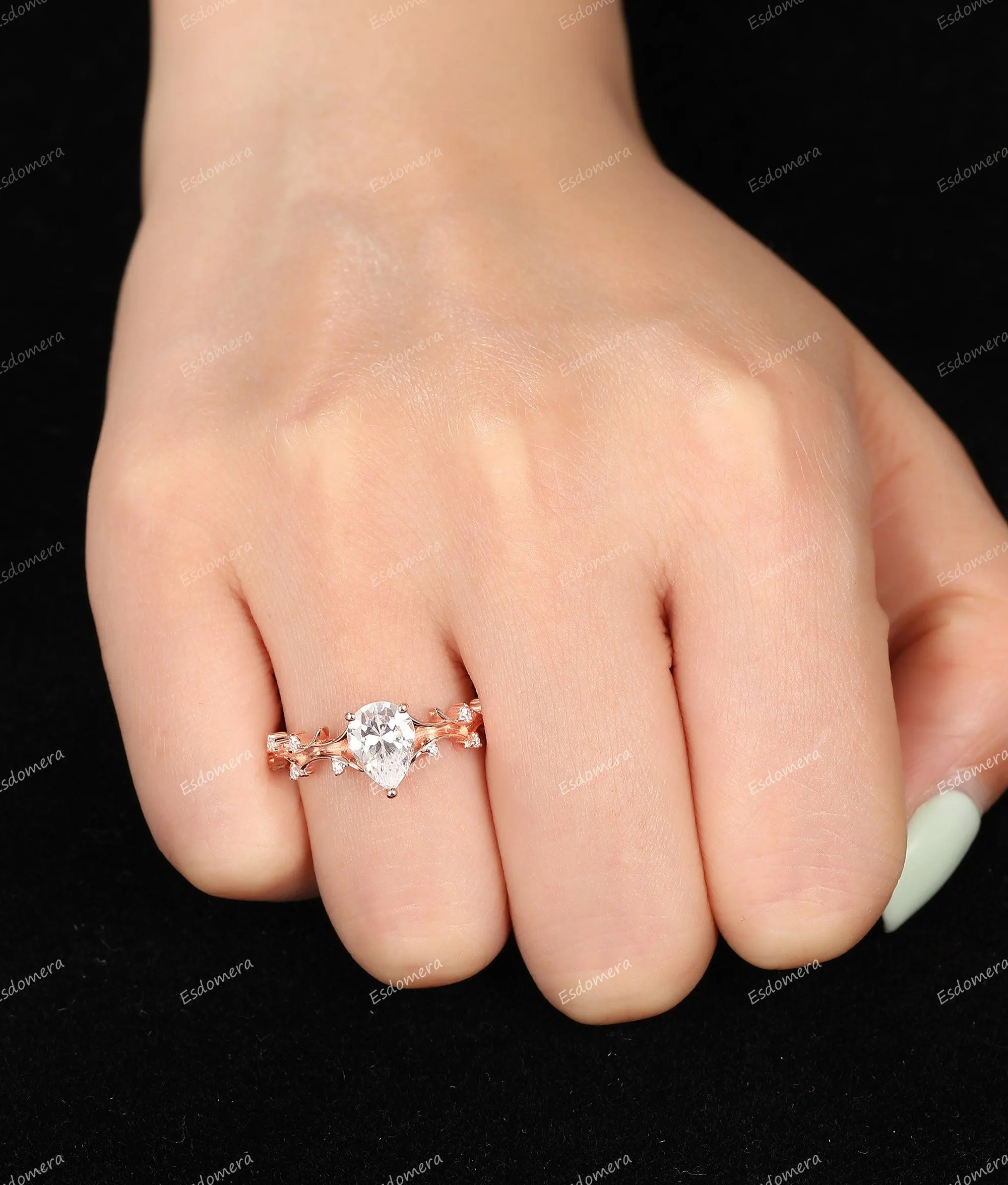 1.3CT Pear Shaped Moissanite Wedding Ring Branch Engagement Ring Art Deco Ring