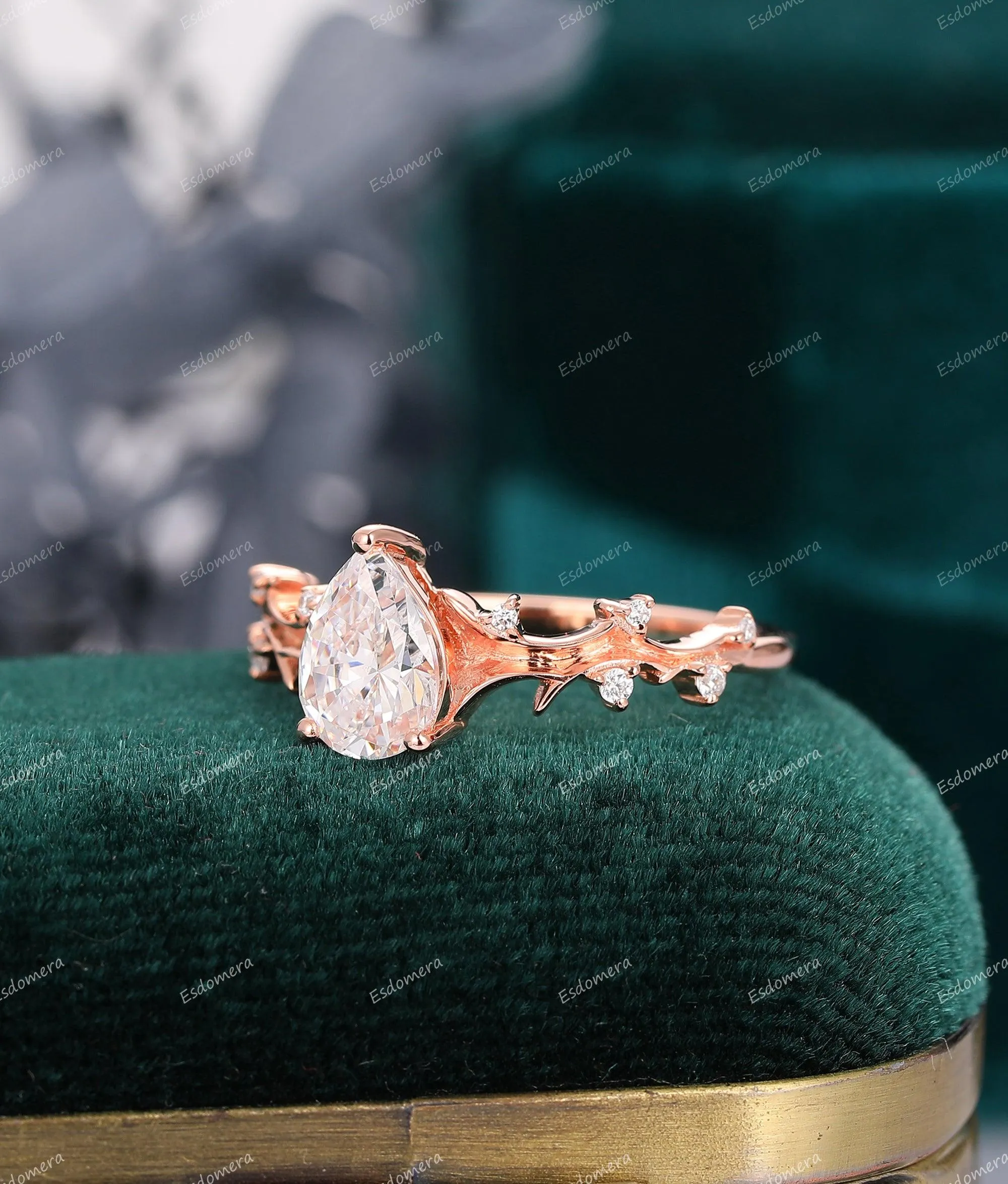 1.3CT Pear Shaped Moissanite Wedding Ring Branch Engagement Ring Art Deco Ring