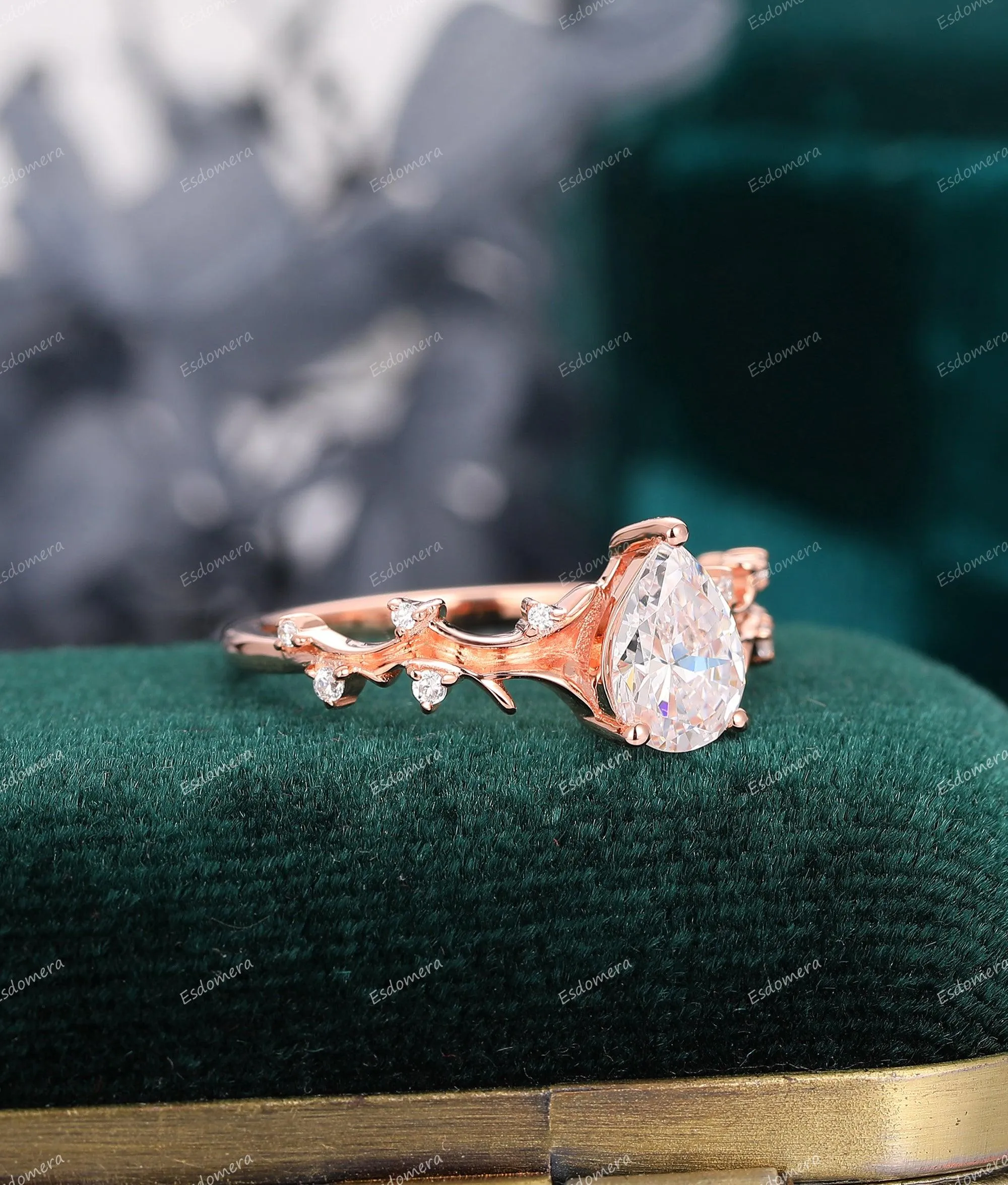 1.3CT Pear Shaped Moissanite Wedding Ring Branch Engagement Ring Art Deco Ring