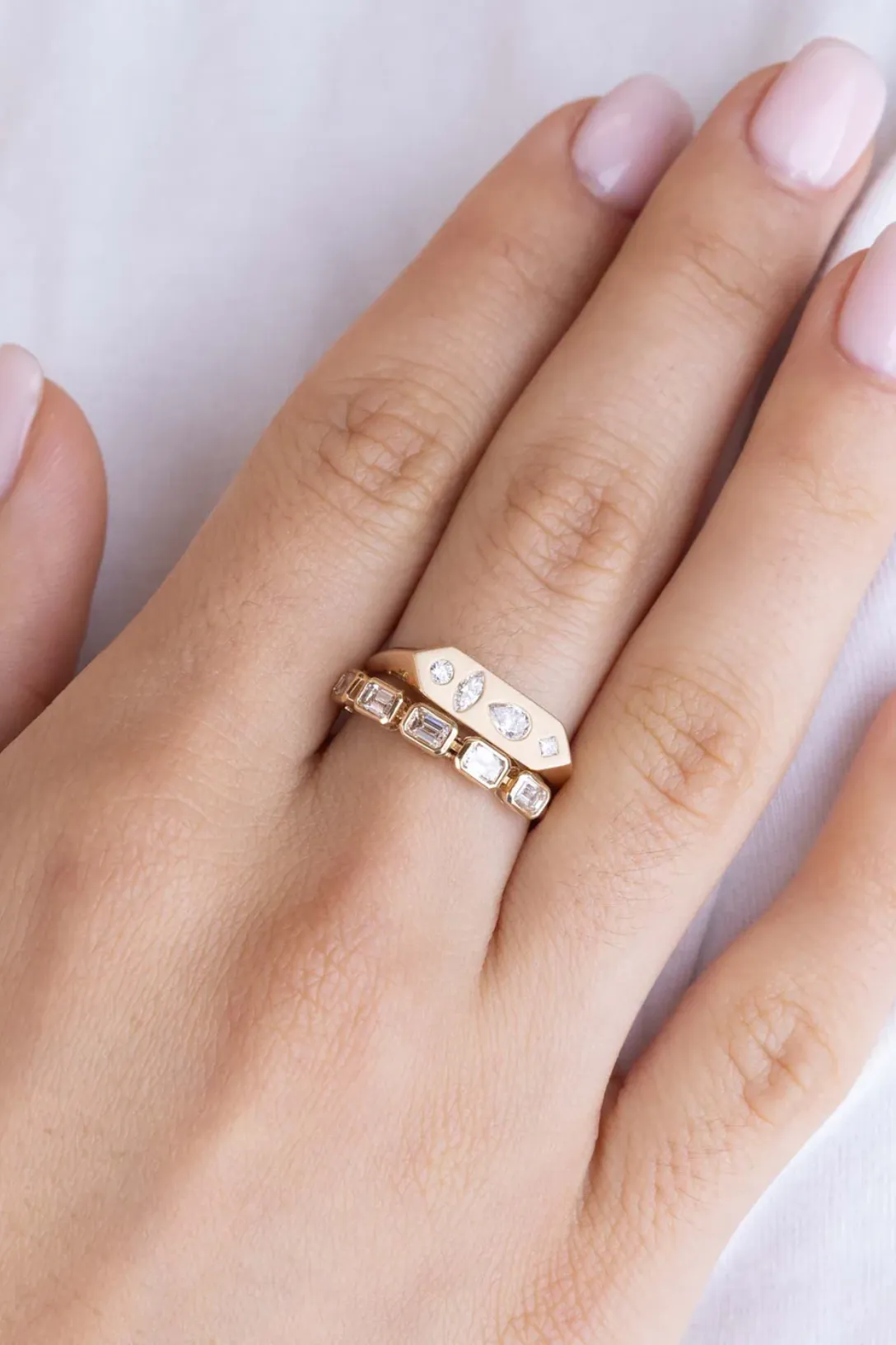 14k Diamond Mosaic Brushed Gold Elongated Hexagon Signet Ring