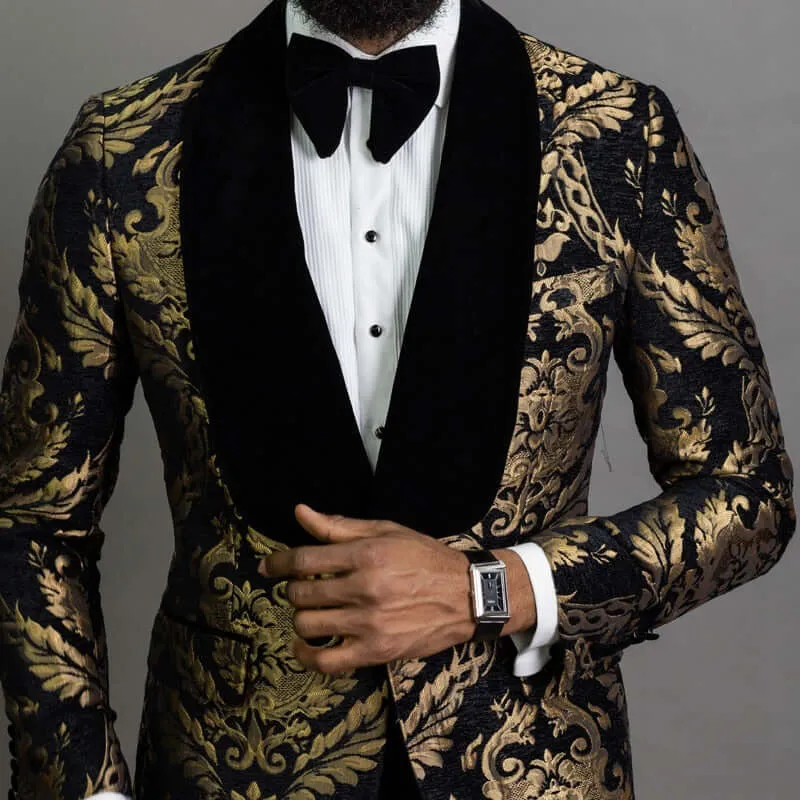 2 Piece Black Floral Jacquard Men Suits Slim Fit with Velvet Shawl Lapel