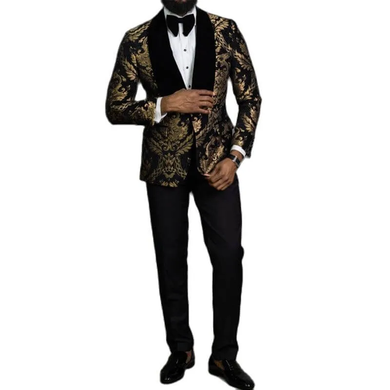 2 Piece Black Floral Jacquard Men Suits Slim Fit with Velvet Shawl Lapel