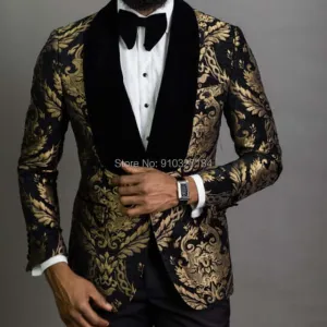 2 Piece Black Floral Jacquard Men Suits Slim Fit with Velvet Shawl Lapel