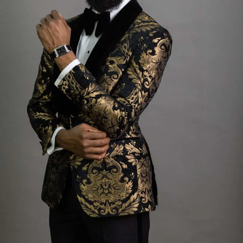 2 Piece Black Floral Jacquard Men Suits Slim Fit with Velvet Shawl Lapel