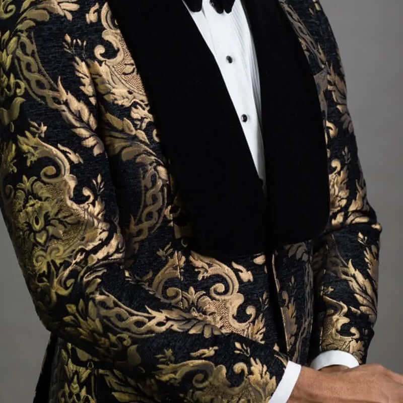 2 Piece Black Floral Jacquard Men Suits Slim Fit with Velvet Shawl Lapel