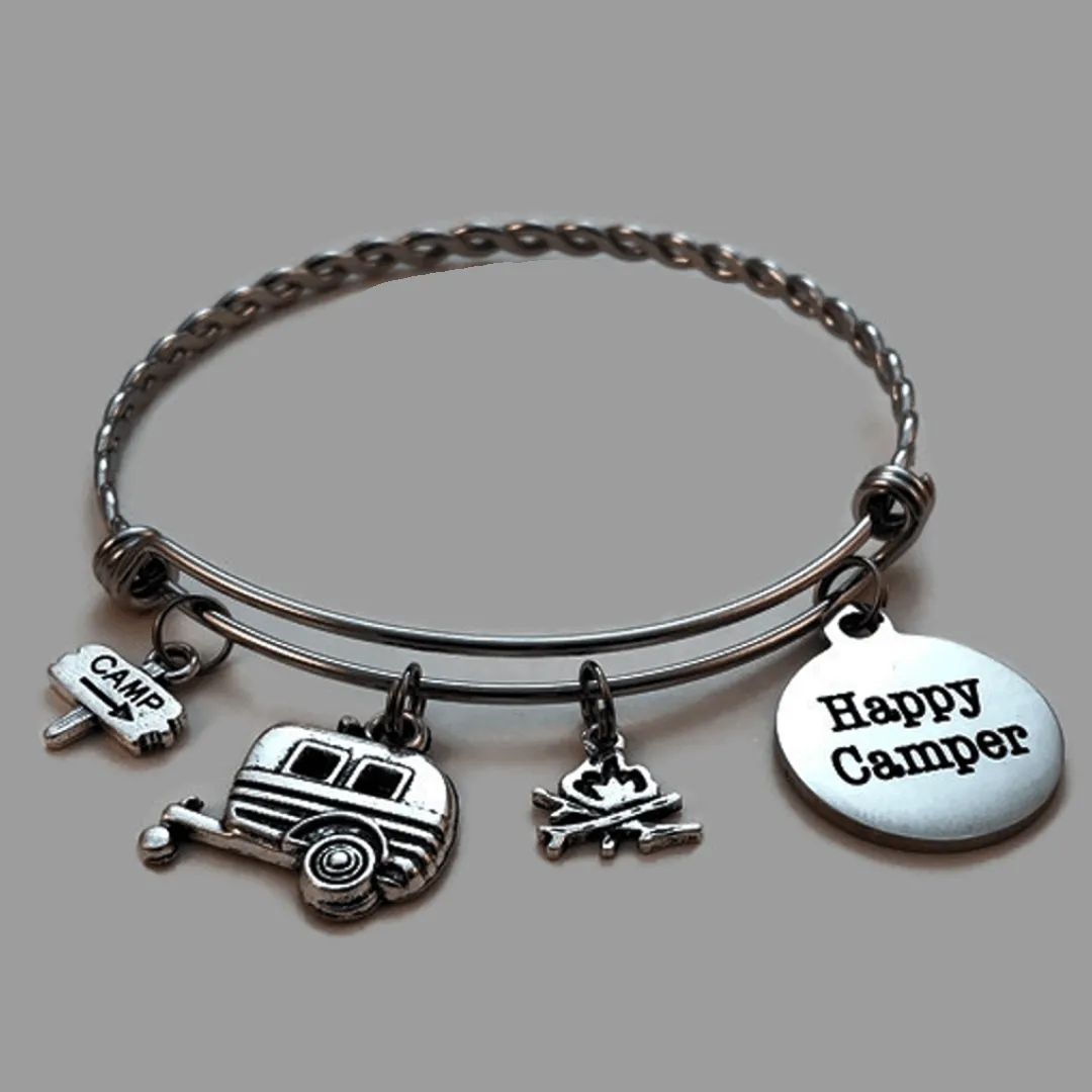 3 Braided Stainless Steel "Happy Camper" Charm Bracelets