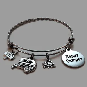 3 Braided Stainless Steel "Happy Camper" Charm Bracelets