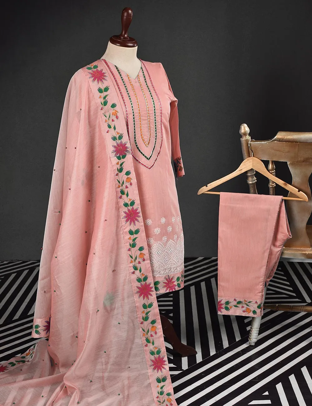 3 Pc Stitched Paper Cotton Chikankari Embroidered Dress with Beautiful Printed Borders - Charismatic Vibes (RTW-17-PeachyPink)