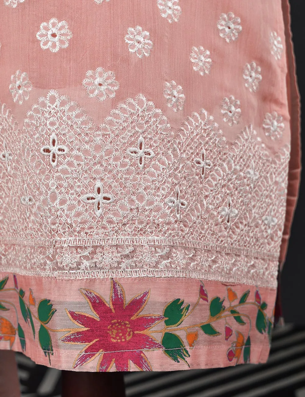 3 Pc Stitched Paper Cotton Chikankari Embroidered Dress with Beautiful Printed Borders - Charismatic Vibes (RTW-17-PeachyPink)