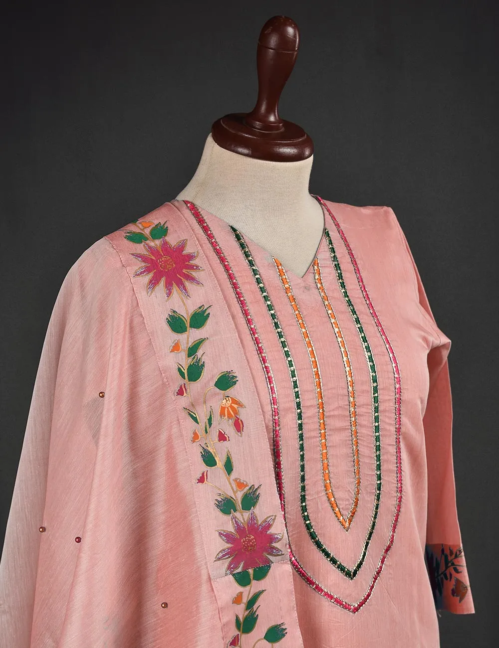 3 Pc Stitched Paper Cotton Chikankari Embroidered Dress with Beautiful Printed Borders - Charismatic Vibes (RTW-17-PeachyPink)