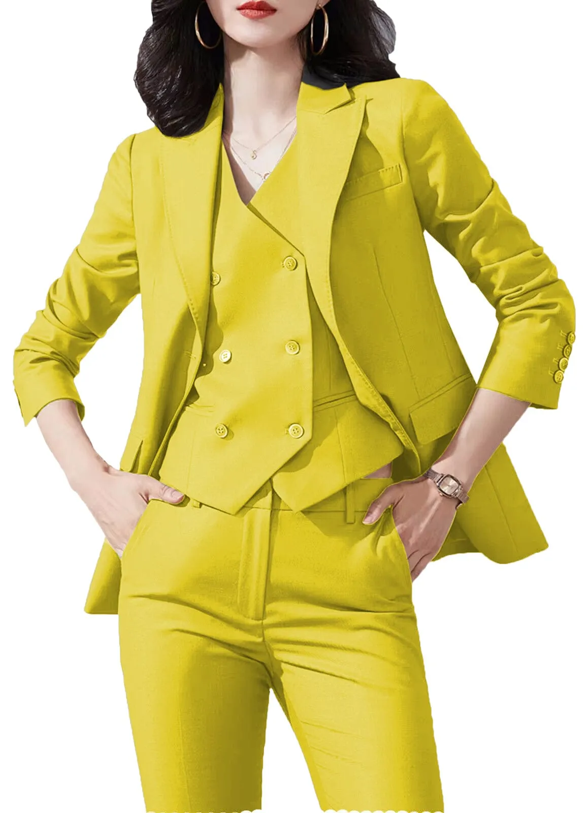 3 Piece Business Casual Slim Fit Peak Lapel Women Suit (Blazer Vest Pants)