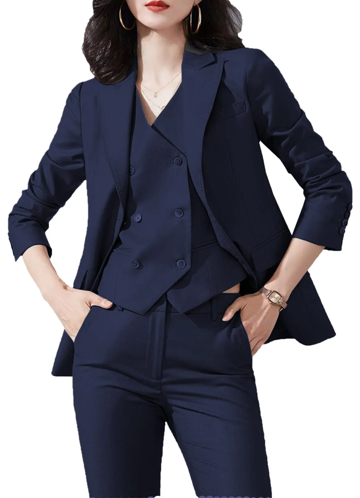 3 Piece Business Casual Slim Fit Peak Lapel Women Suit (Blazer Vest Pants)