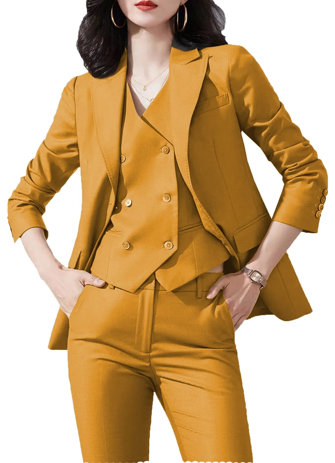 3 Piece Business Casual Slim Fit Peak Lapel Women Suit (Blazer Vest Pants)