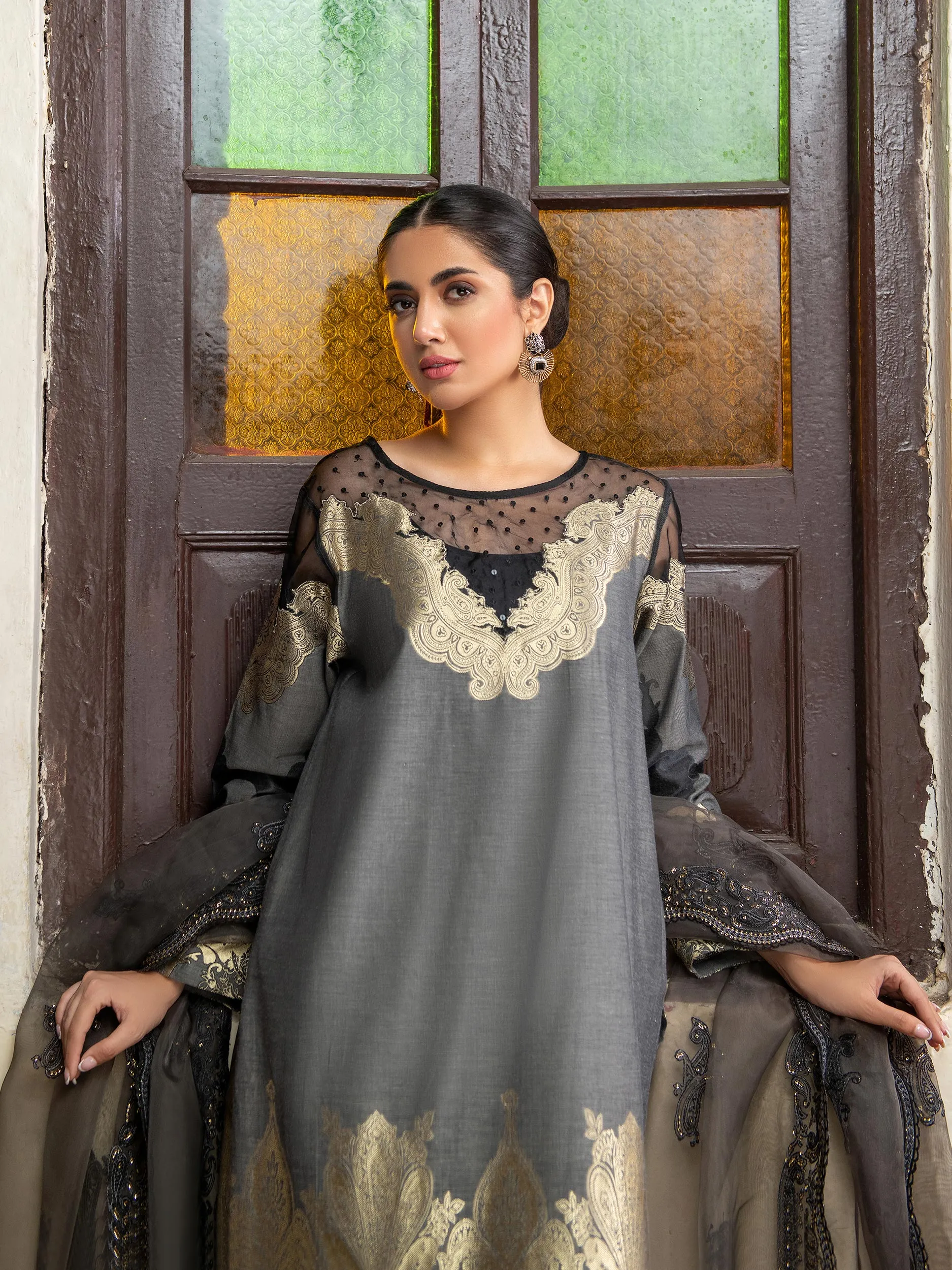 3 Piece Jacquard Suit-Embroidered (Unstitched) | Lime Light Women Eid Collection 2023