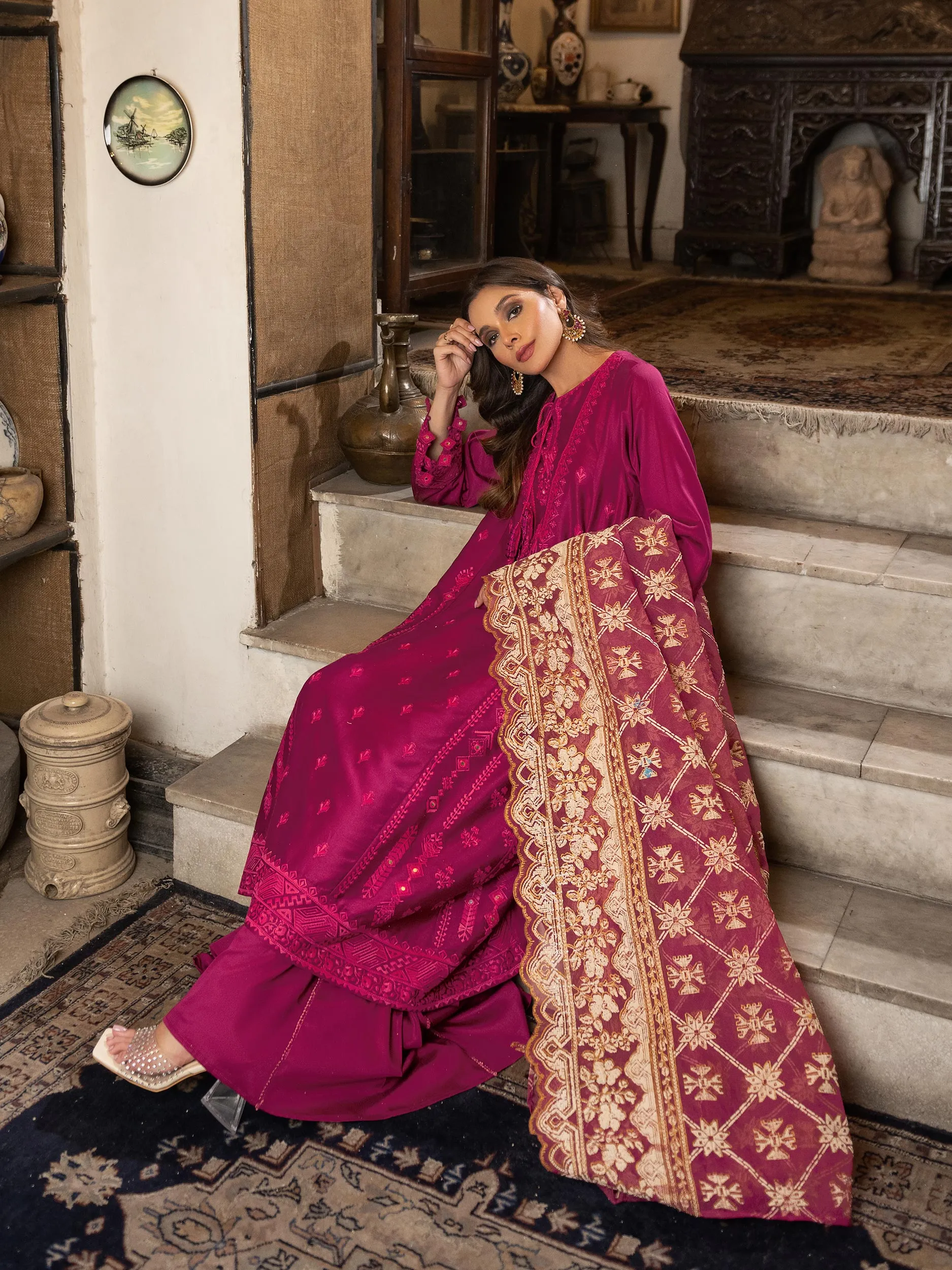 3 Piece Satin Suit-Embroidered (Unstitched) | Lime Light Women Eid Collection 2023