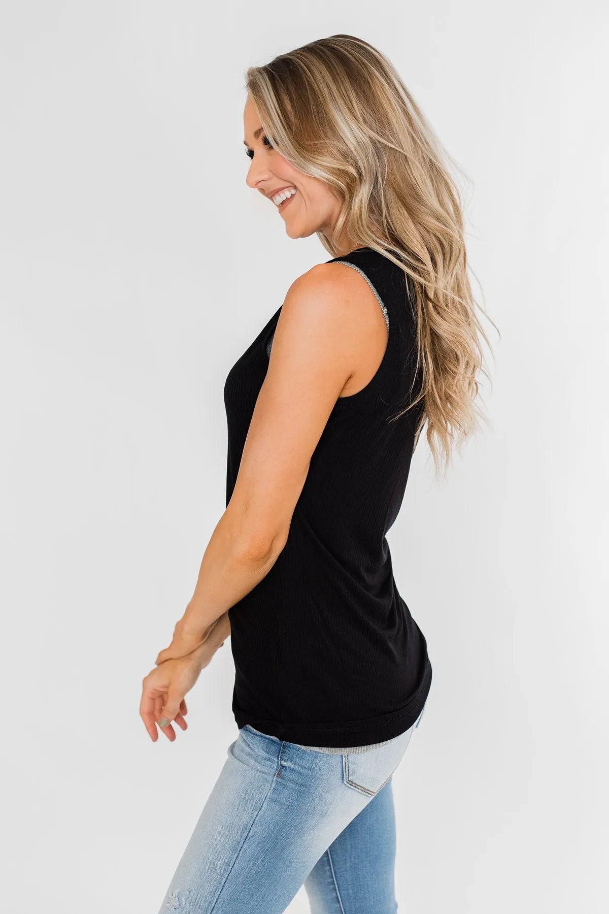 5-Button Henley Tank Top- Black
