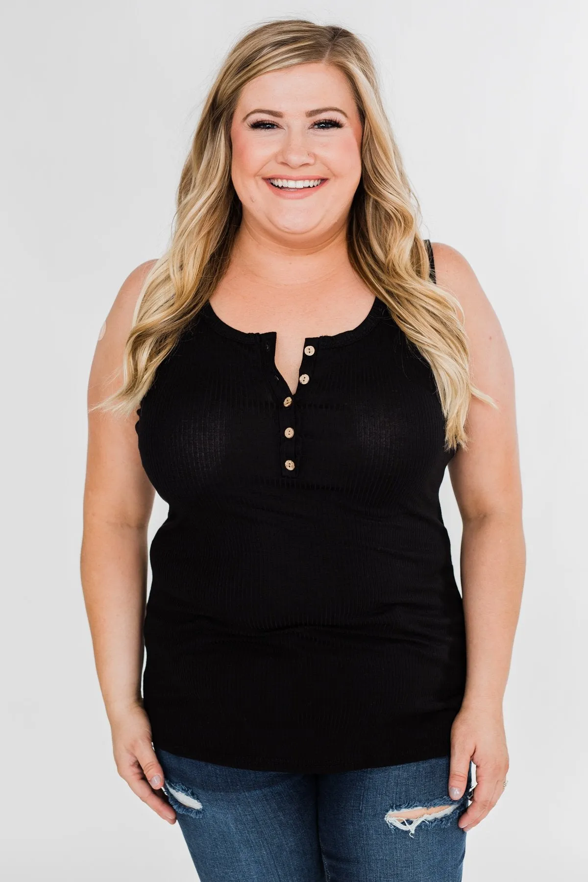 5-Button Henley Tank Top- Black