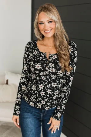 All Together Now Floral Henley Top- Black