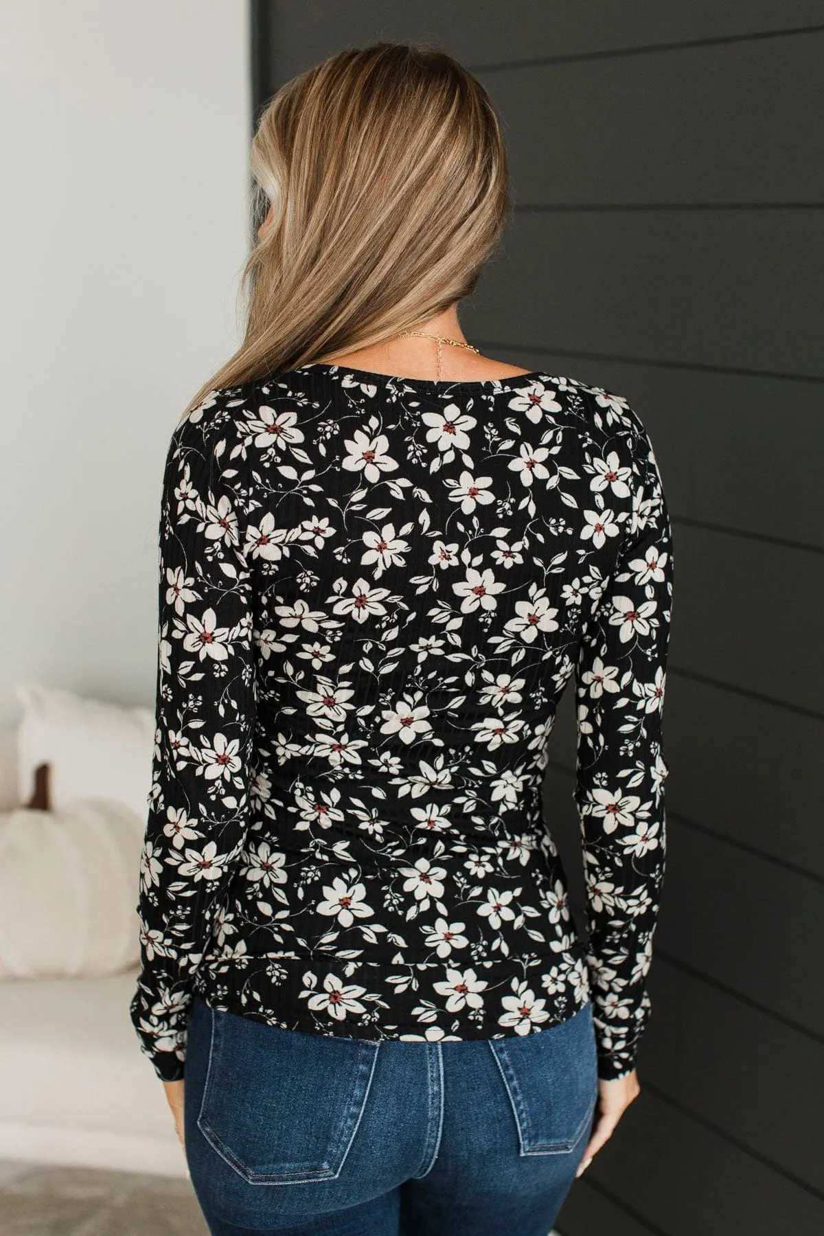 All Together Now Floral Henley Top- Black