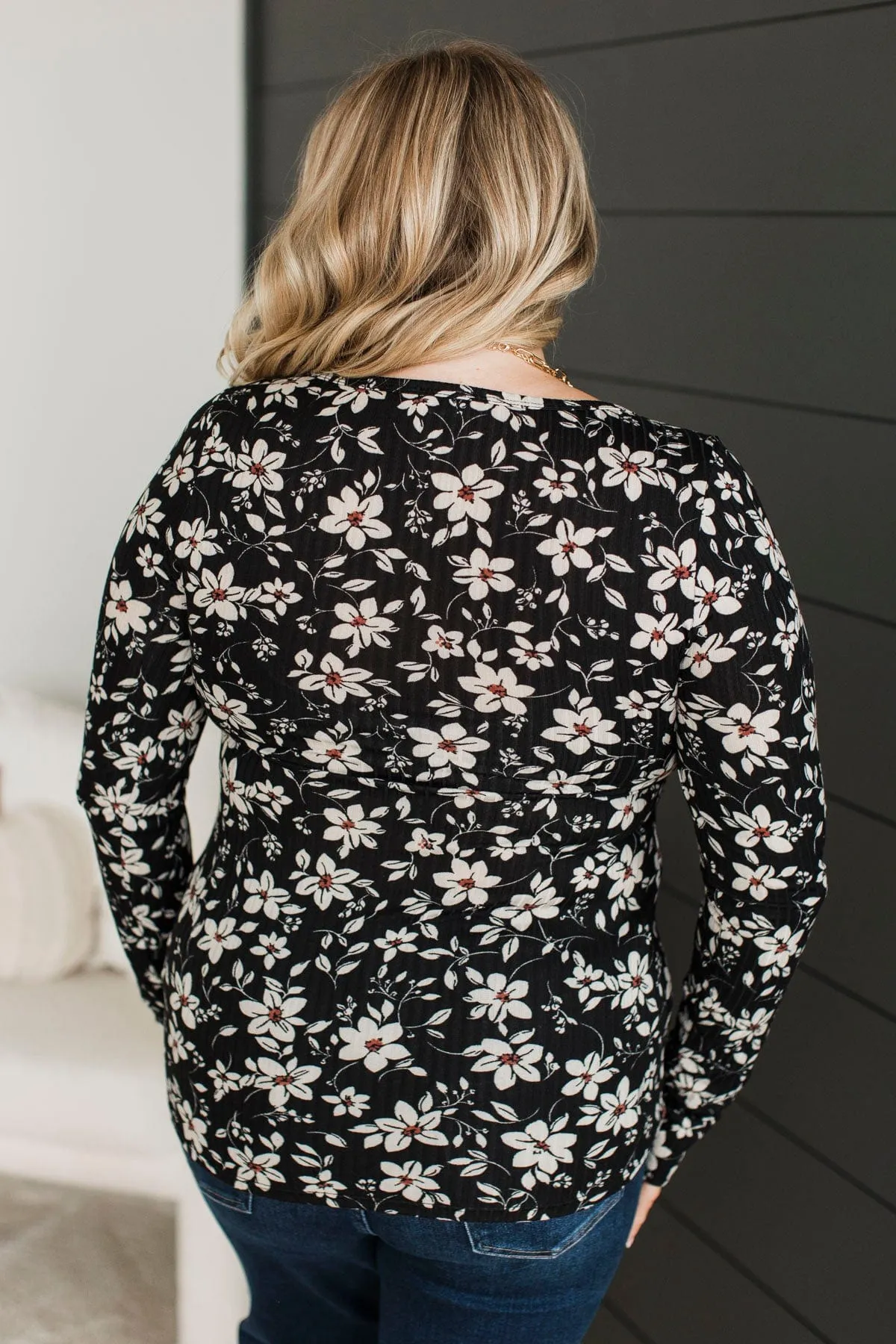 All Together Now Floral Henley Top- Black