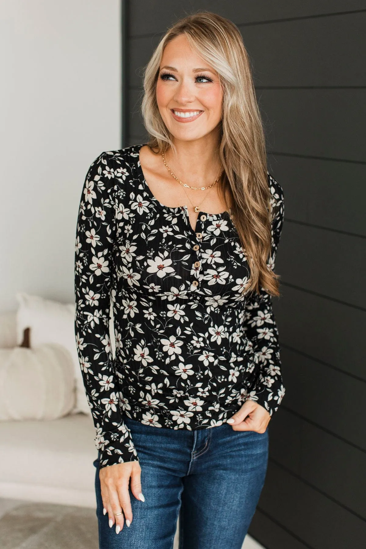 All Together Now Floral Henley Top- Black