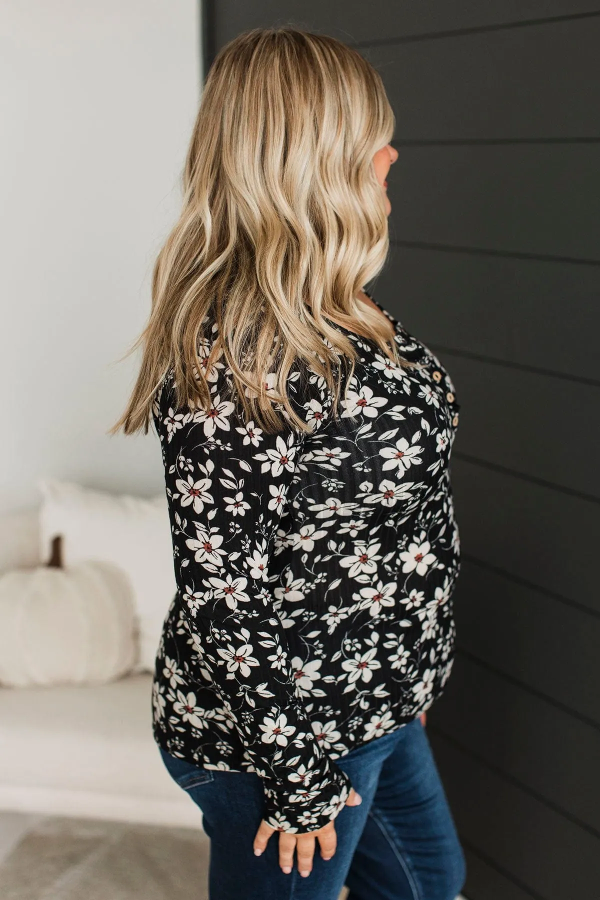 All Together Now Floral Henley Top- Black