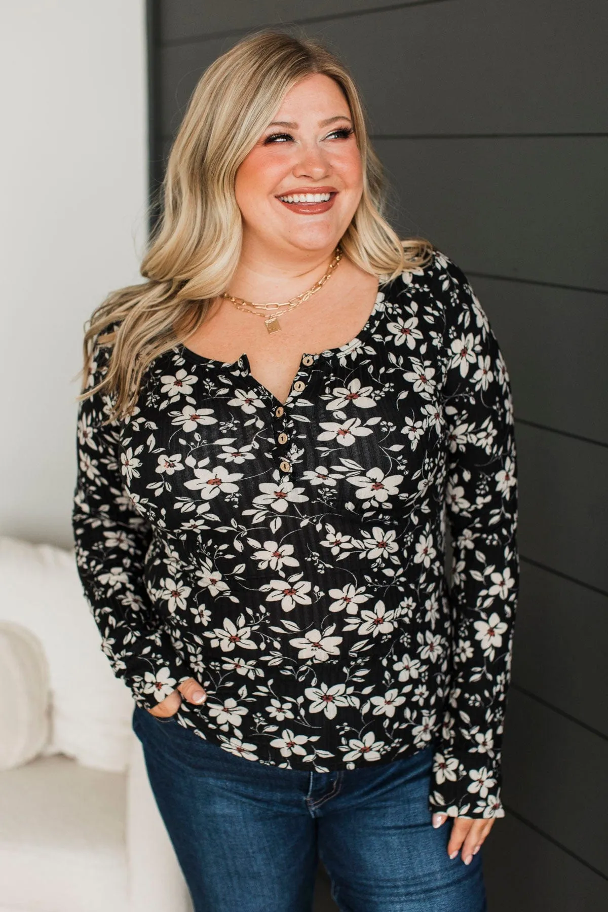 All Together Now Floral Henley Top- Black