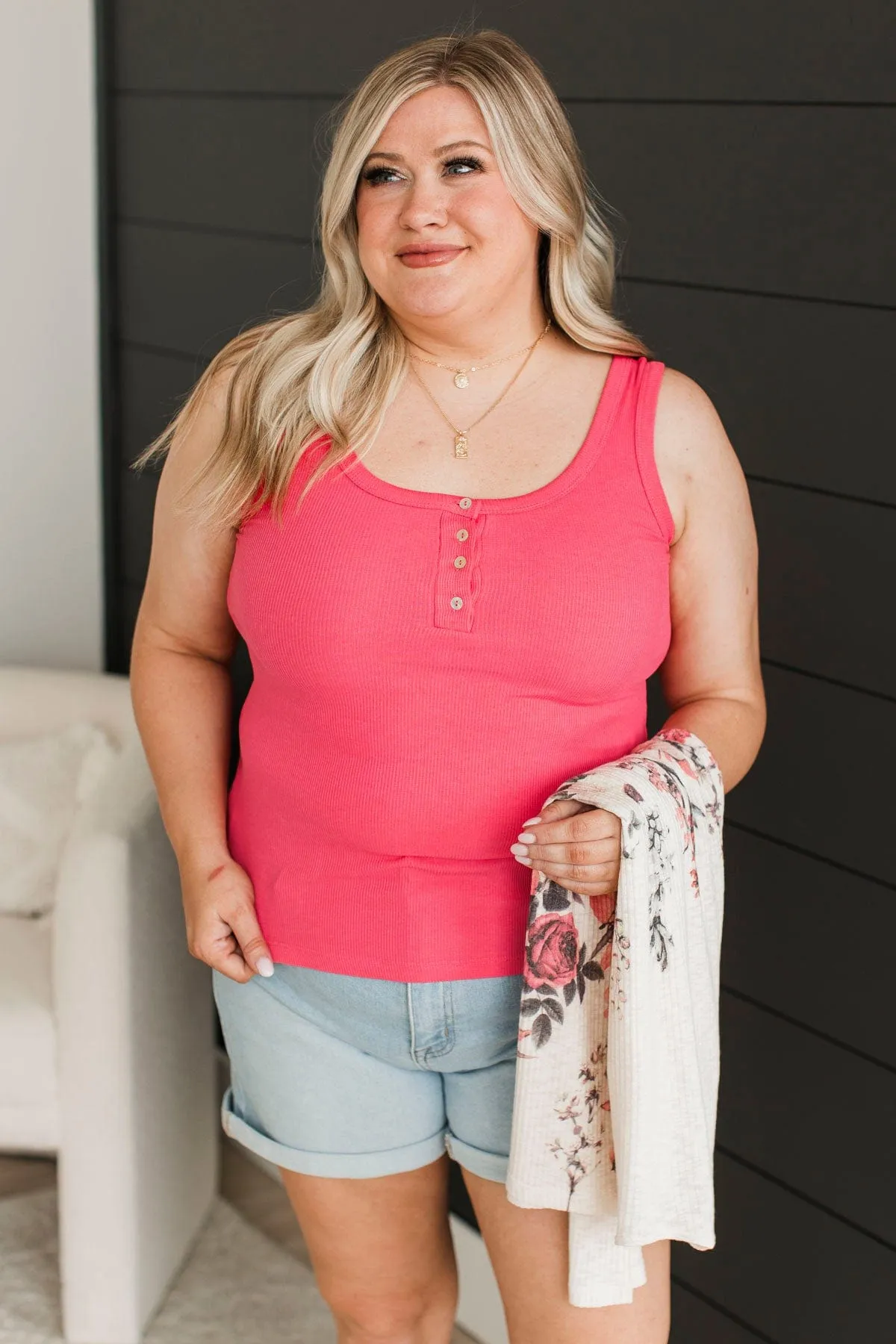 All Who Wander Henley Tank Top- Punch Pink