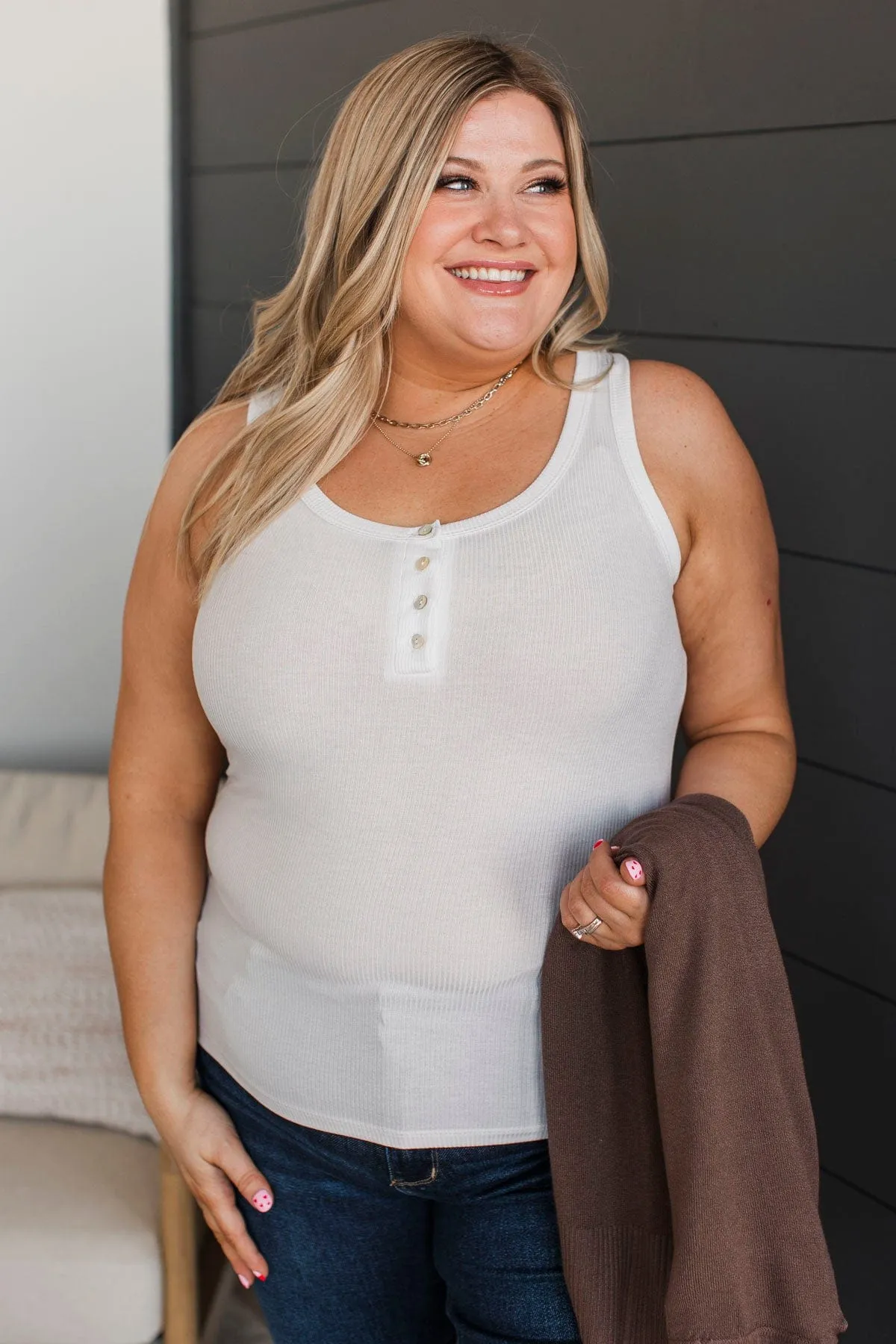 All Who Wander Henley Tank Top- White
