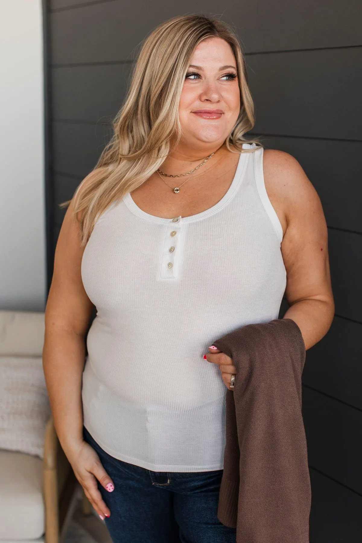 All Who Wander Henley Tank Top- White
