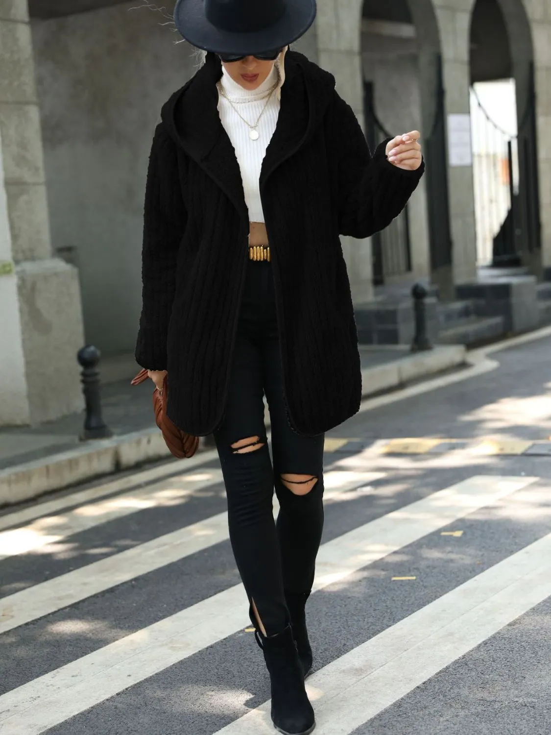 Amalie Open Front Ribbed Hooded Coat