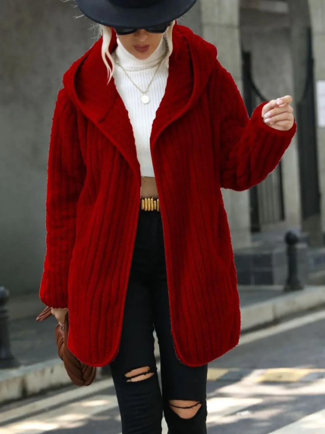 Amalie Open Front Ribbed Hooded Coat