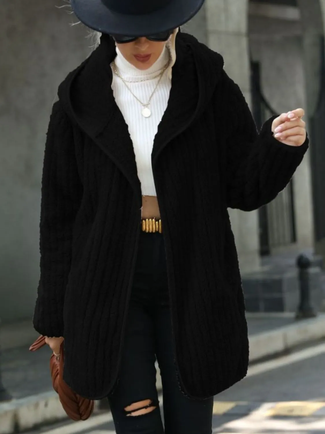 Amalie Open Front Ribbed Hooded Coat