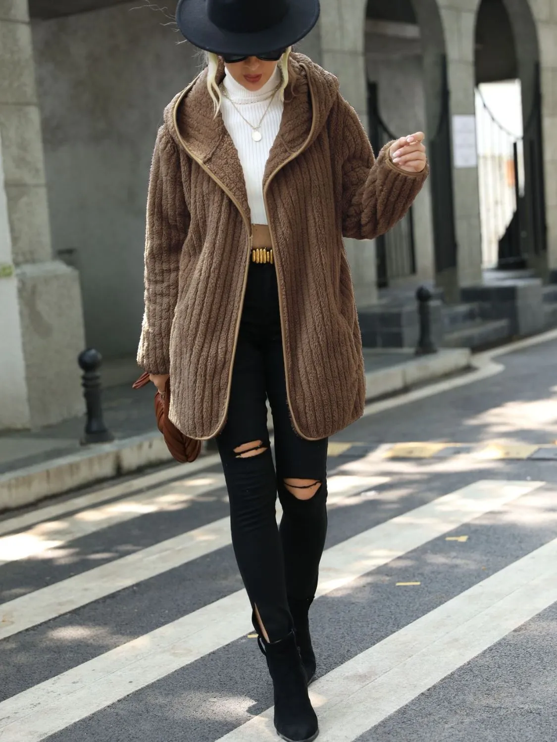 Amalie Open Front Ribbed Hooded Coat