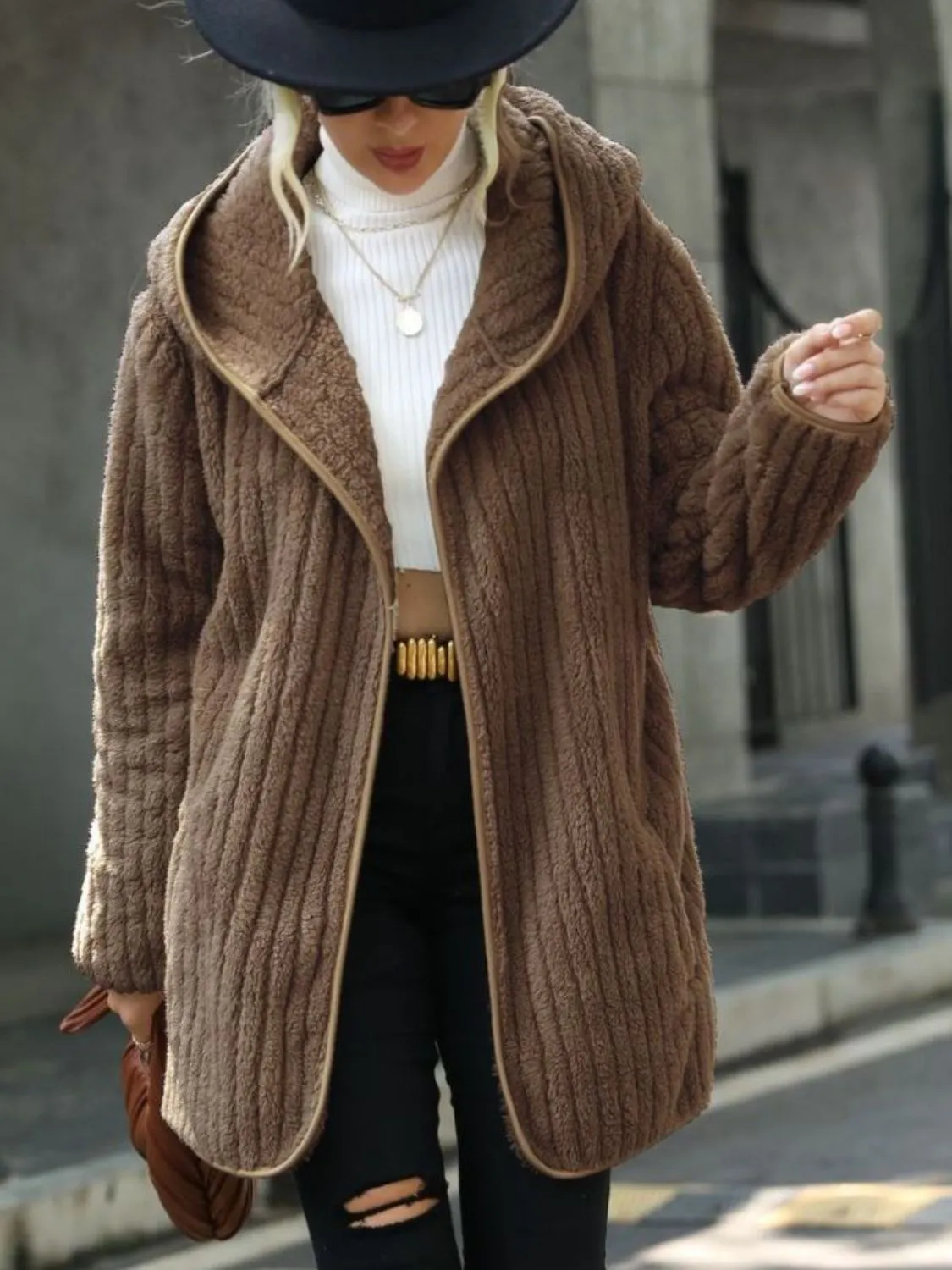 Amalie Open Front Ribbed Hooded Coat