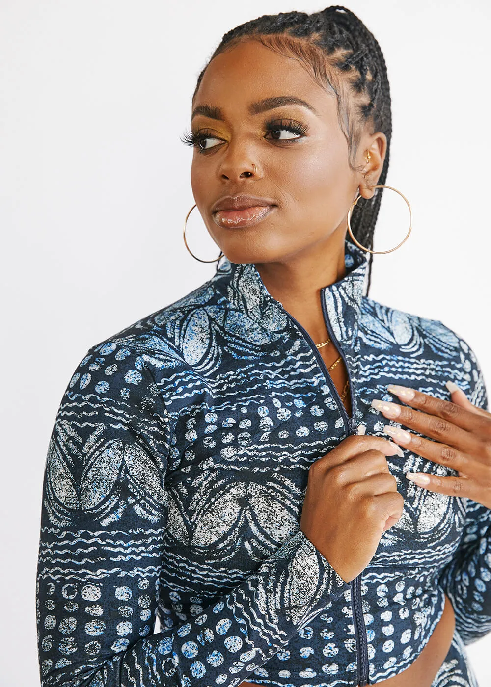 Anaya Women's African Print Zip-Up Crop Top (Navy Gray Adire) - Clearance