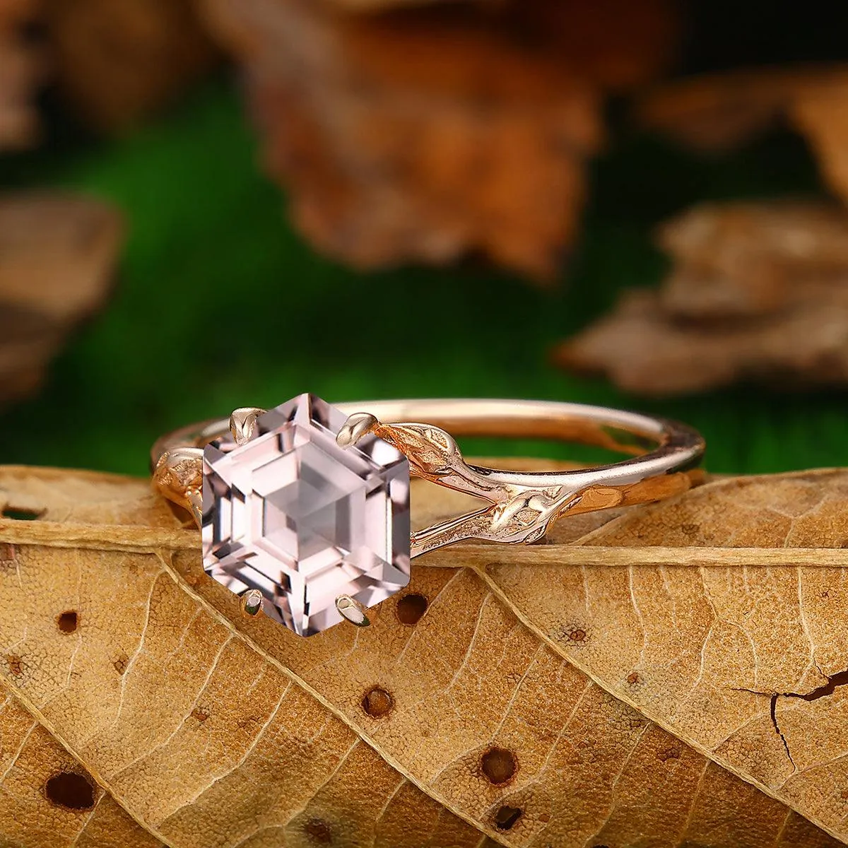 Antique 2.2ct Hexagon Cut Natural Pink Morganite Nature Leaf Vines Solitaire Ring