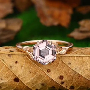 Antique 2.2ct Hexagon Cut Natural Pink Morganite Nature Leaf Vines Solitaire Ring