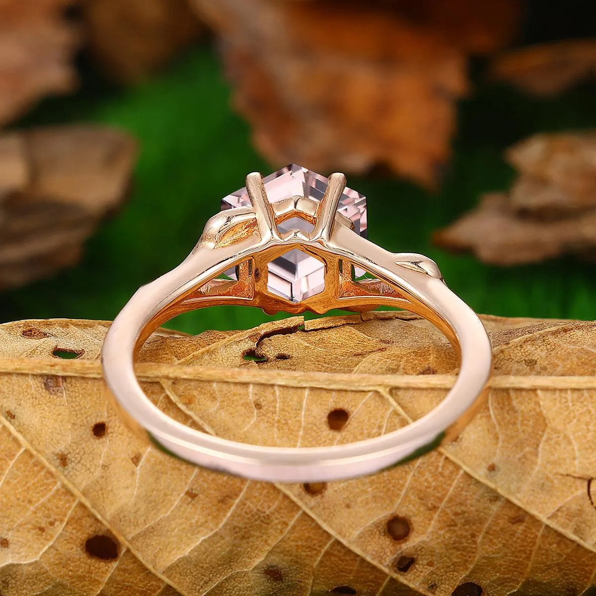 Antique 2.2ct Hexagon Cut Natural Pink Morganite Nature Leaf Vines Solitaire Ring