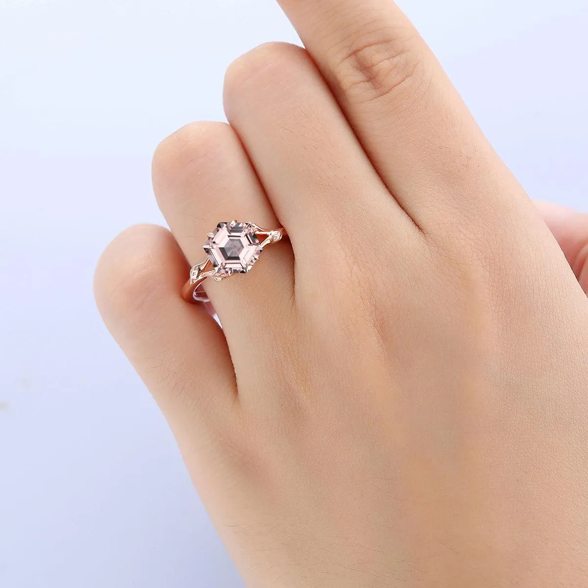 Antique 2.2ct Hexagon Cut Natural Pink Morganite Nature Leaf Vines Solitaire Ring